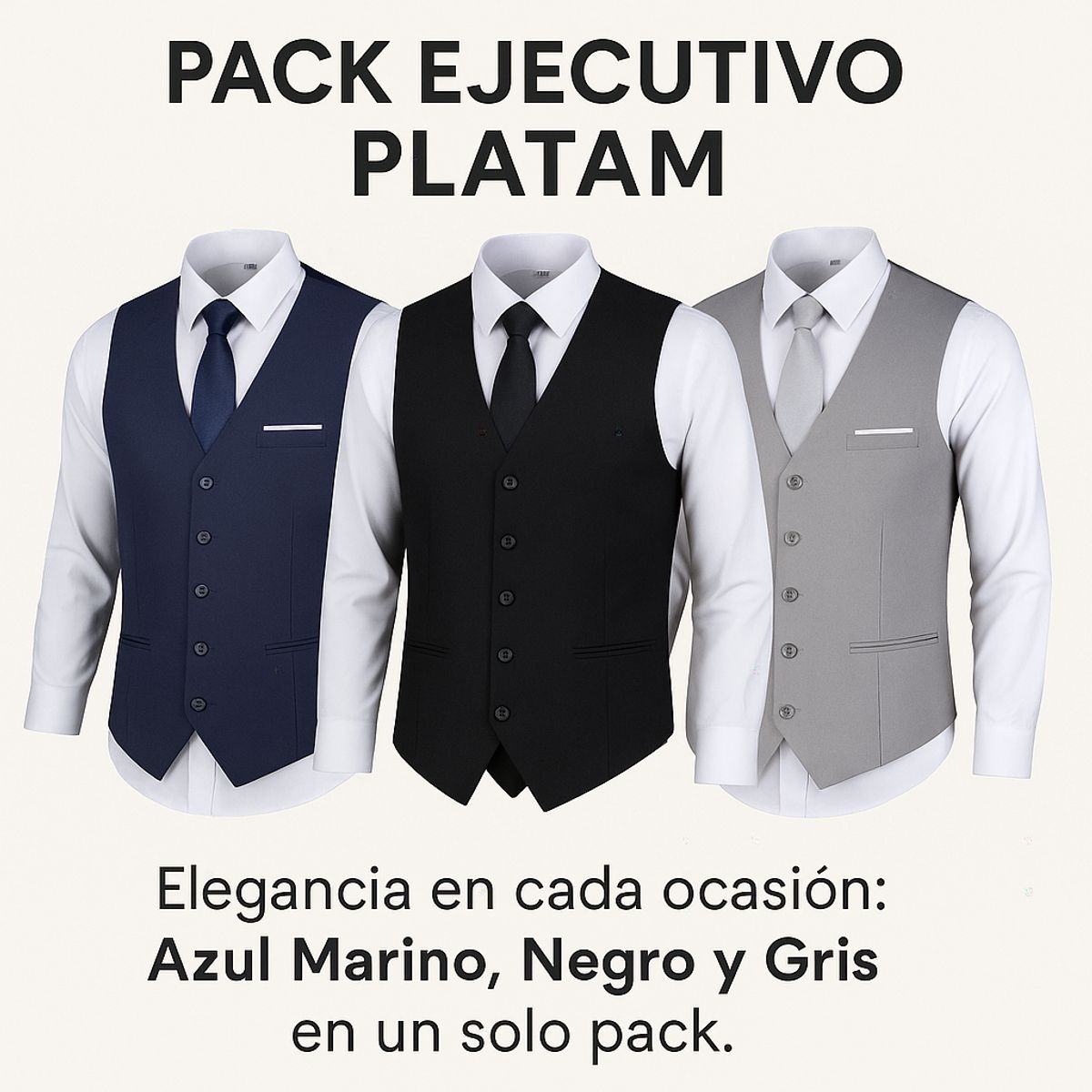 XPRESS RECHARGE - Pack Ejecutivo Platam – 3 Chalecos Azul Marino,Negro y Gris de vestir