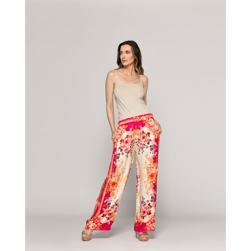 LINEATRE - Pantalón Mujer Brenna Satinado Estampado Barroco Fucsia Lineatre