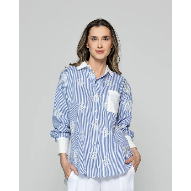 LINEATRE - Camisa Mujer Luciana Flores Bordadas Blancas Y Rayas Azul Lineatre