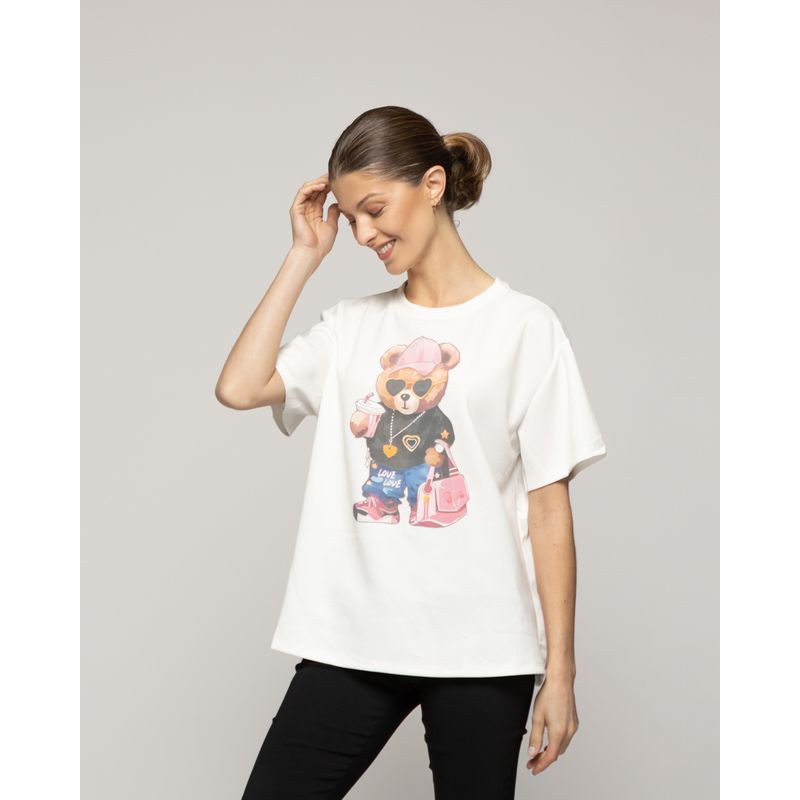 LINEATRE - Polera Mujer Orlanda Estampado Oso Blanca Lineatre