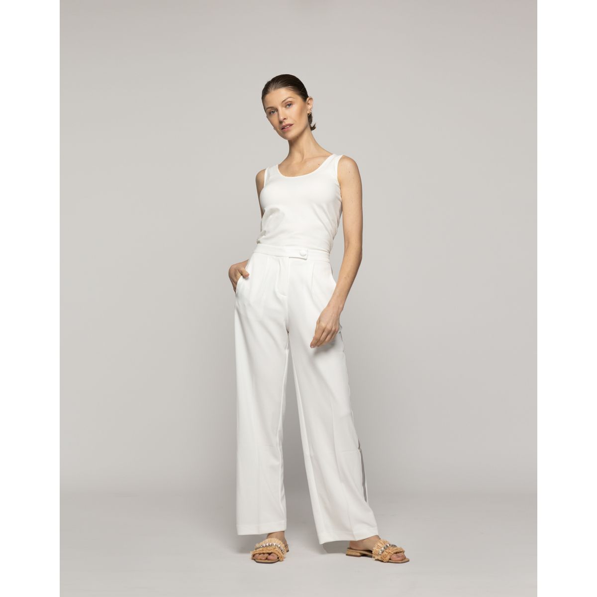 LINEATRE - Pantalón Mujer Caterina Tiro Alto Recto Blanco Crudo Lineatre