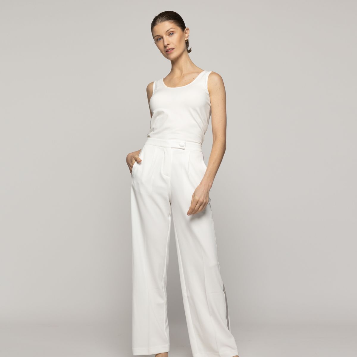 LINEATRE - Pantalón Mujer Caterina Tiro Alto Recto Blanco Crudo Lineatre