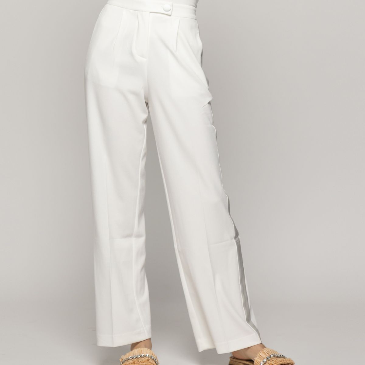 LINEATRE - Pantalón Mujer Caterina Tiro Alto Recto Blanco Crudo Lineatre