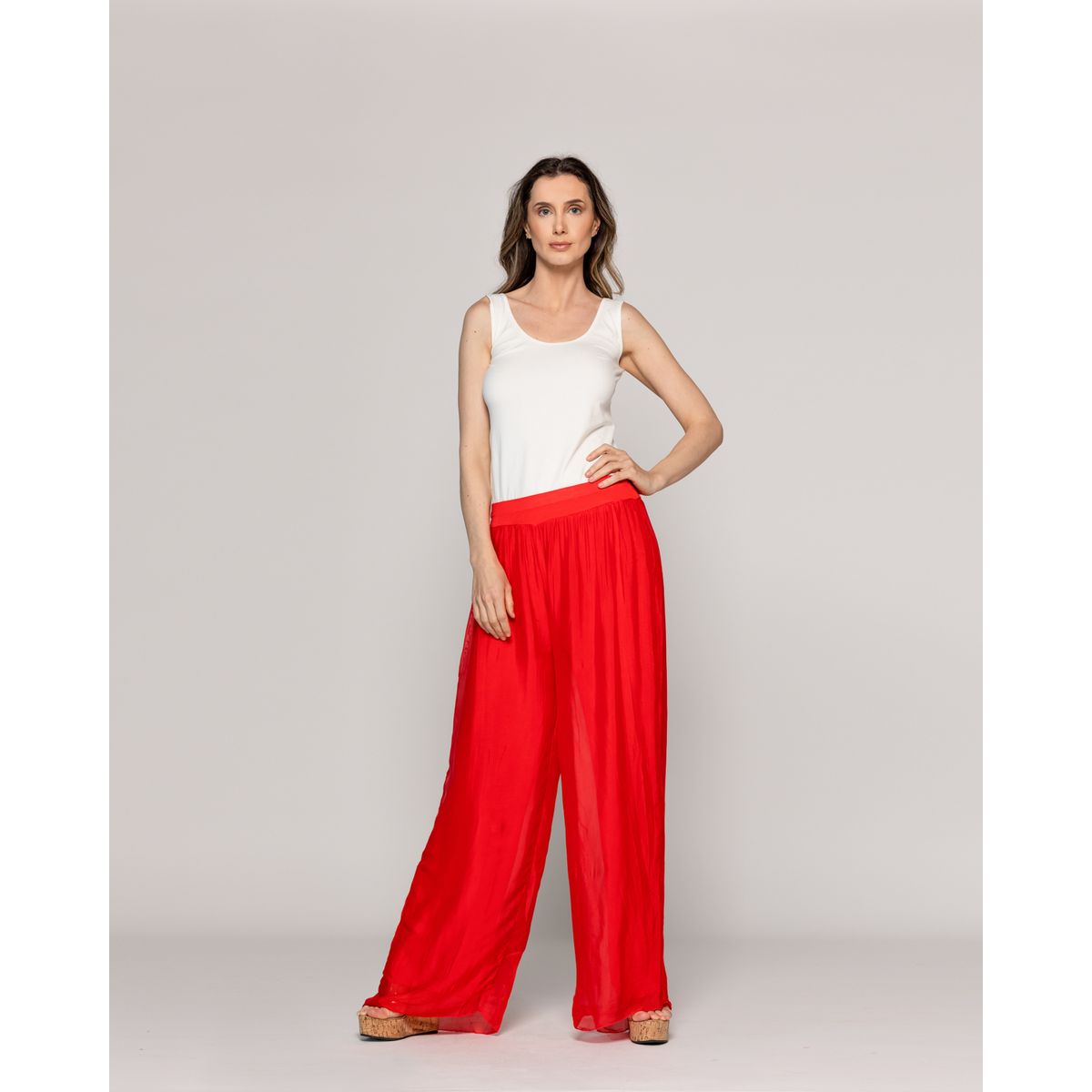 LINEATRE - Pantalón Mujer Perla Palazzo Tipo Satín Rojo Lineatre