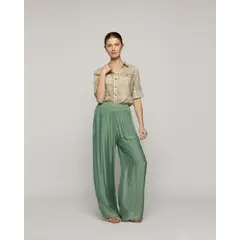 LINEATRE - Pantalón Mujer Perla Palazzo Tipo Satín Verde Grisáceo