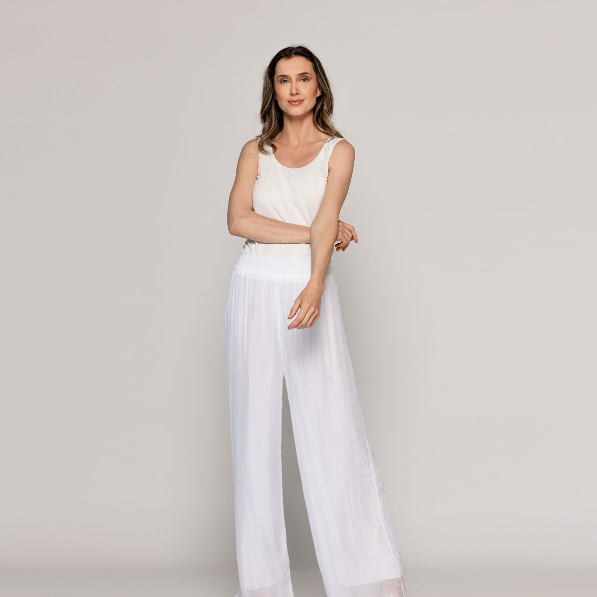 LINEATRE - Pantalón Mujer Perla Palazzo Tipo Satín Blanco Lineatre