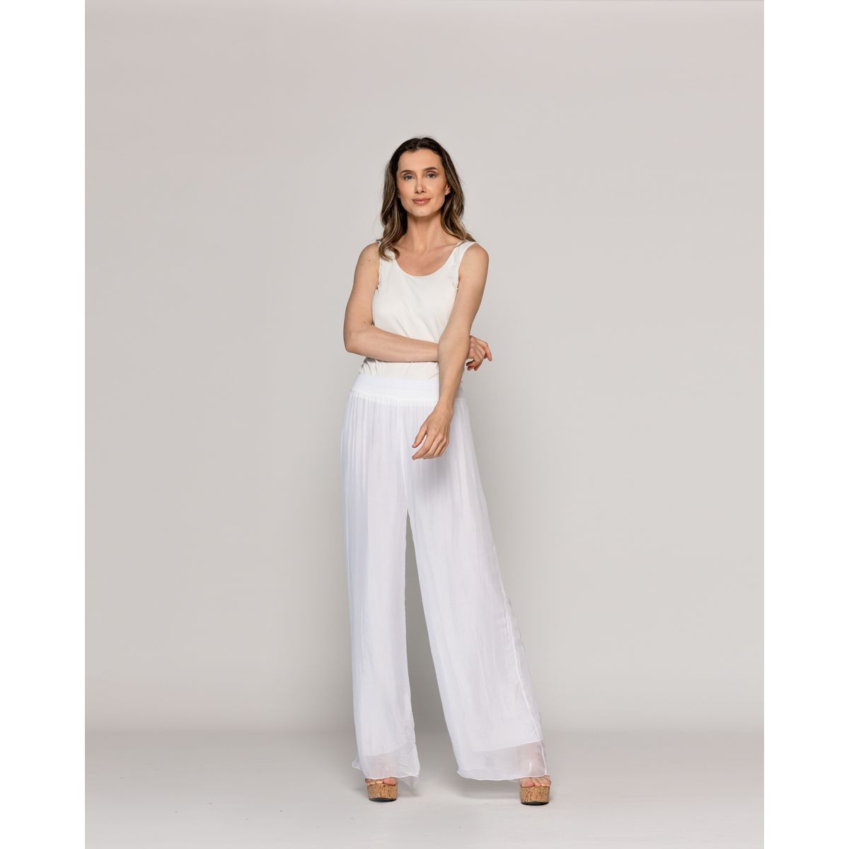 LINEATRE - Pantalón Mujer Perla Palazzo Tipo Satín Blanco Lineatre