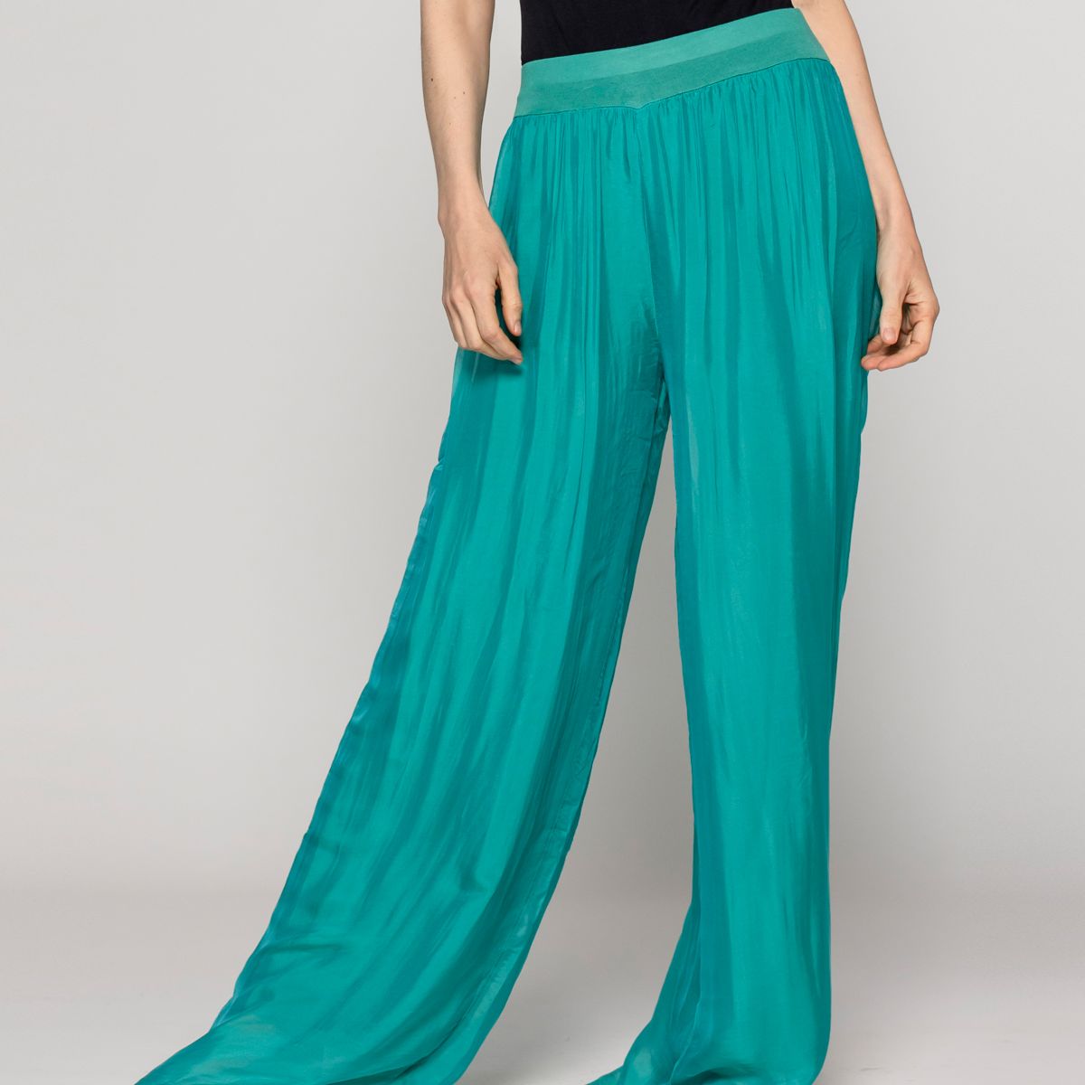 LINEATRE - Pantalón Mujer Perla Palazzo Tipo Satín Verde Esmeralda Lineatre