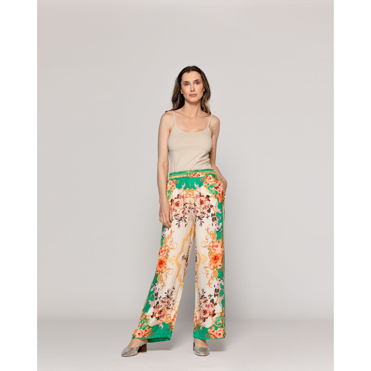 LINEATRE - Pantalón Mujer Brenna Satinado Estampado Barroco Verde Lineatre