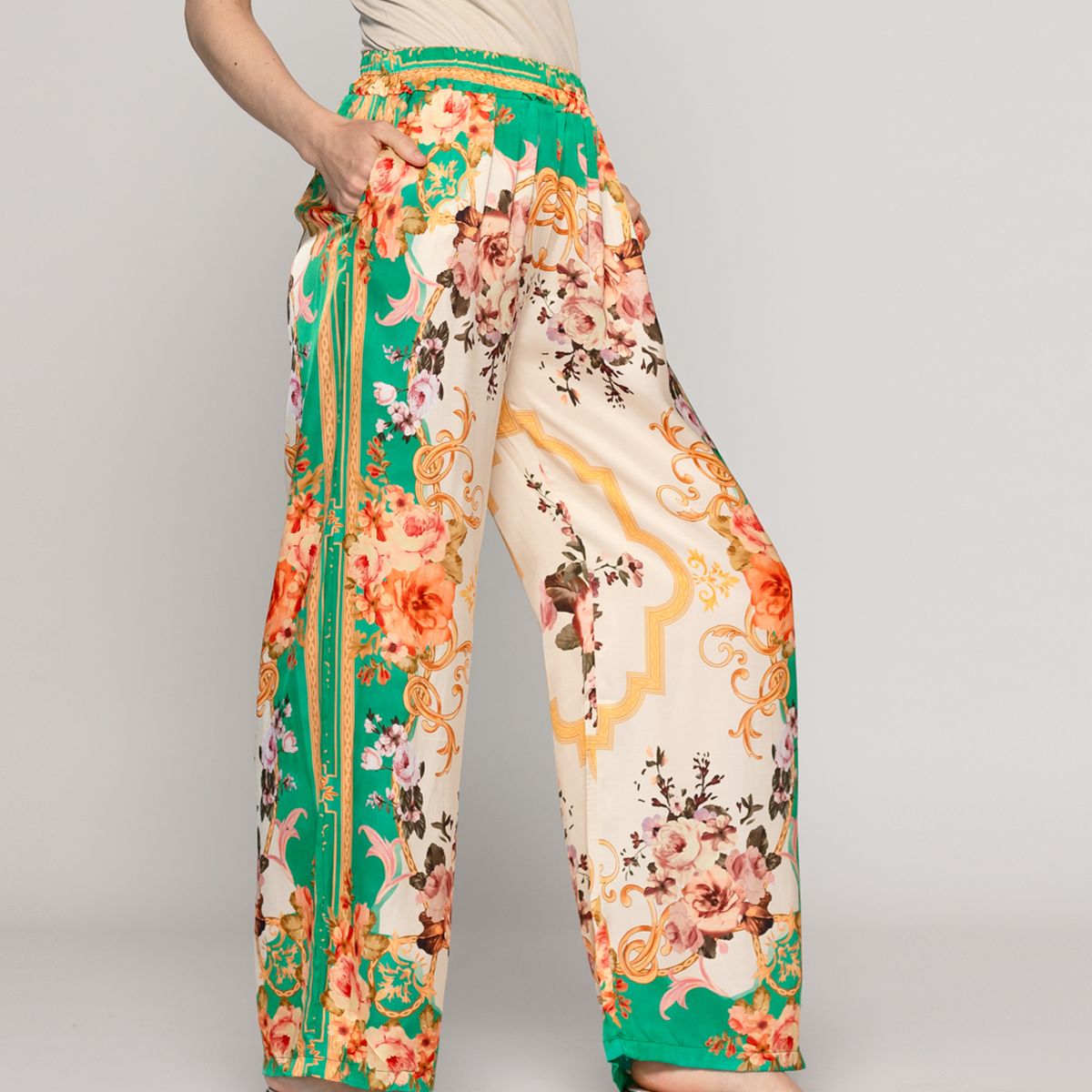 LINEATRE - Pantalón Mujer Brenna Satinado Estampado Barroco Verde Lineatre