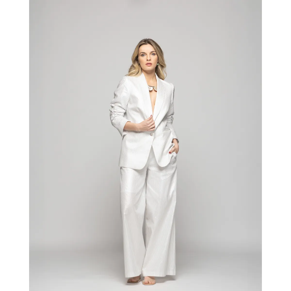 LUDOVICA - Blazer Mujer Iris Largo Clásico Algodón Folia Blanco Ludovica