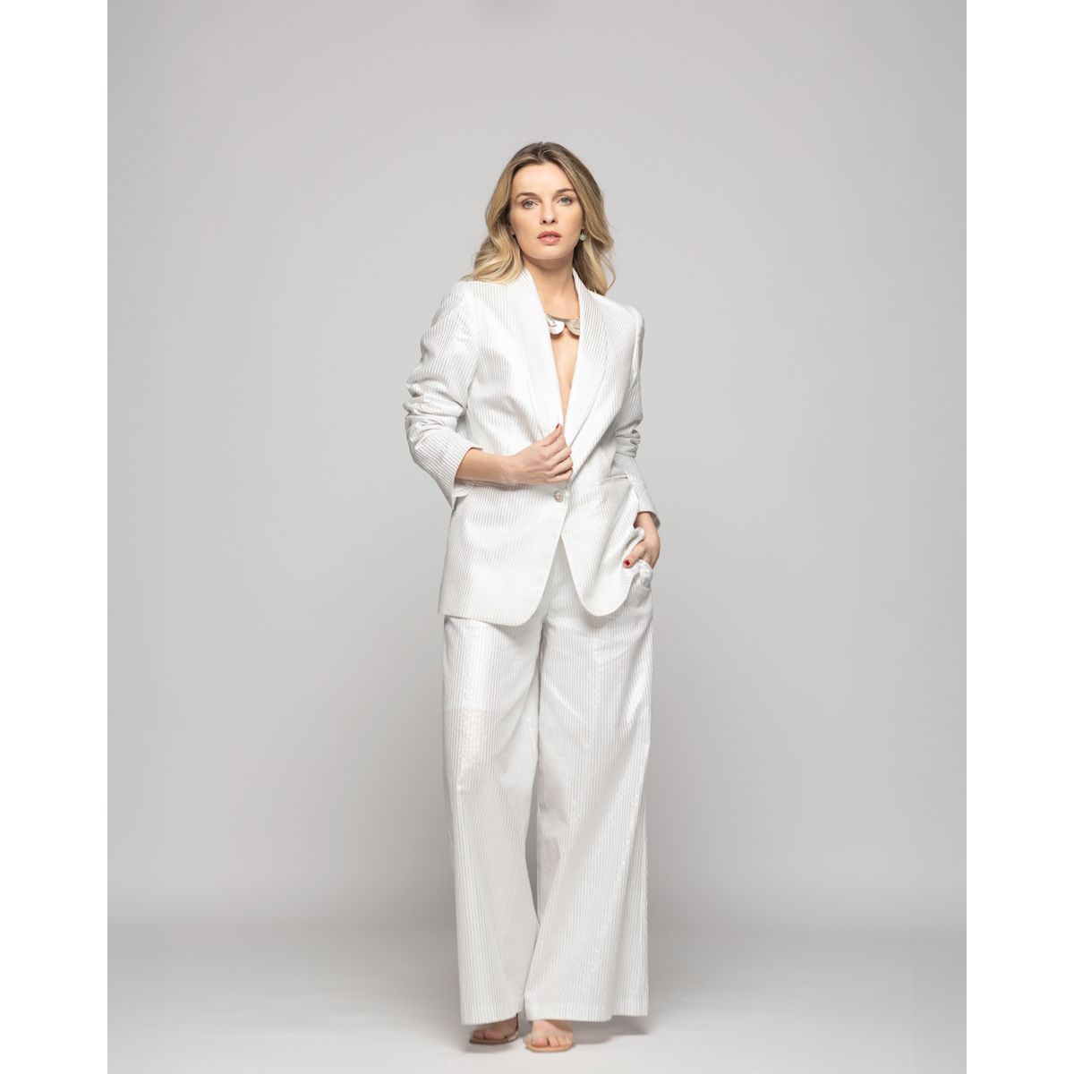 LUDOVICA - Blazer Mujer Iris Largo Clásico Algodón Folia Blanco Ludovica