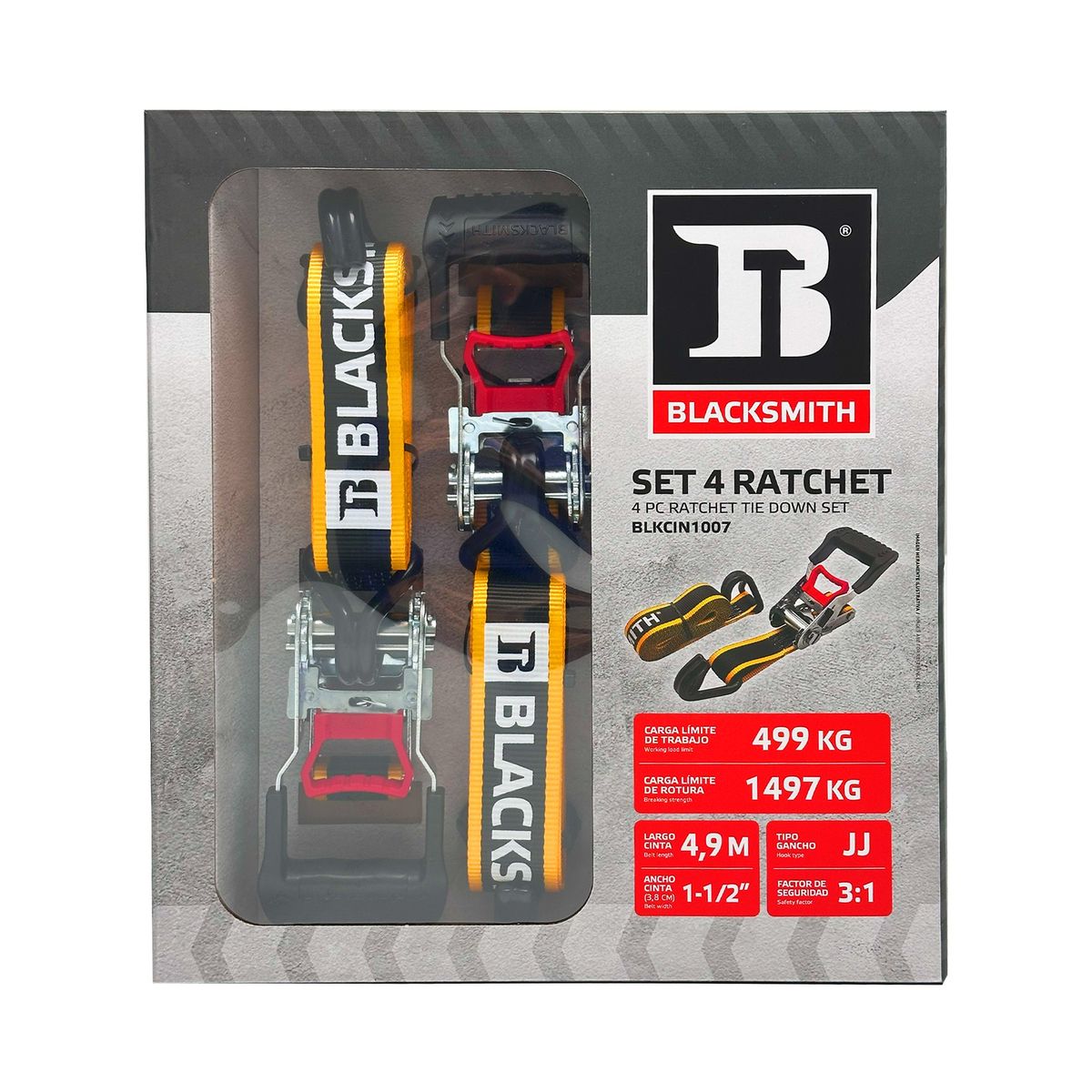 BLACKSMITH - Set 4 Ratchet 1-1/2 Gancho Jj  4.9 Mt 1.497 Kg.