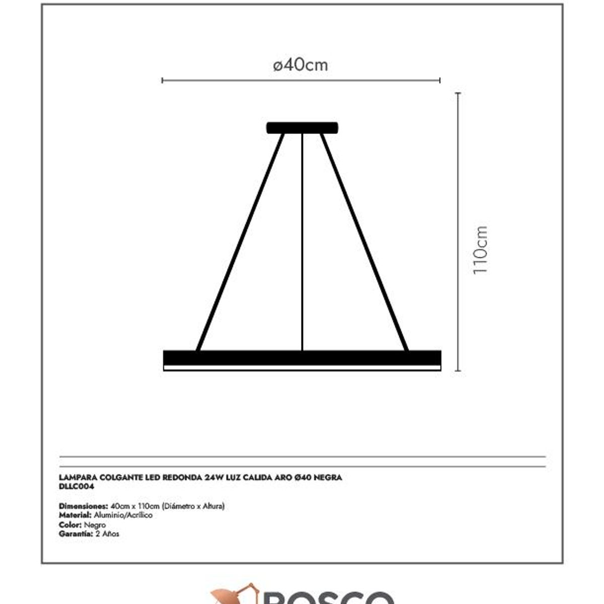 BOSCO - LAMPARA COLGANTE LED REDONDA 24W LUZ CALIDA ARO Ø40 NEGRA