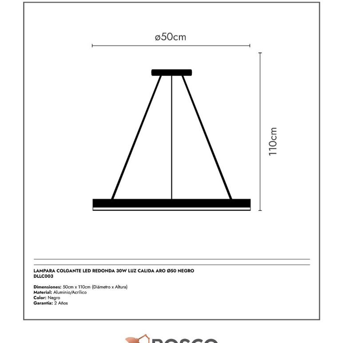 BOSCO - LAMPARA COLGANTE LED REDONDA 30W LUZ CALIDA ARO Ø50 NEGRO