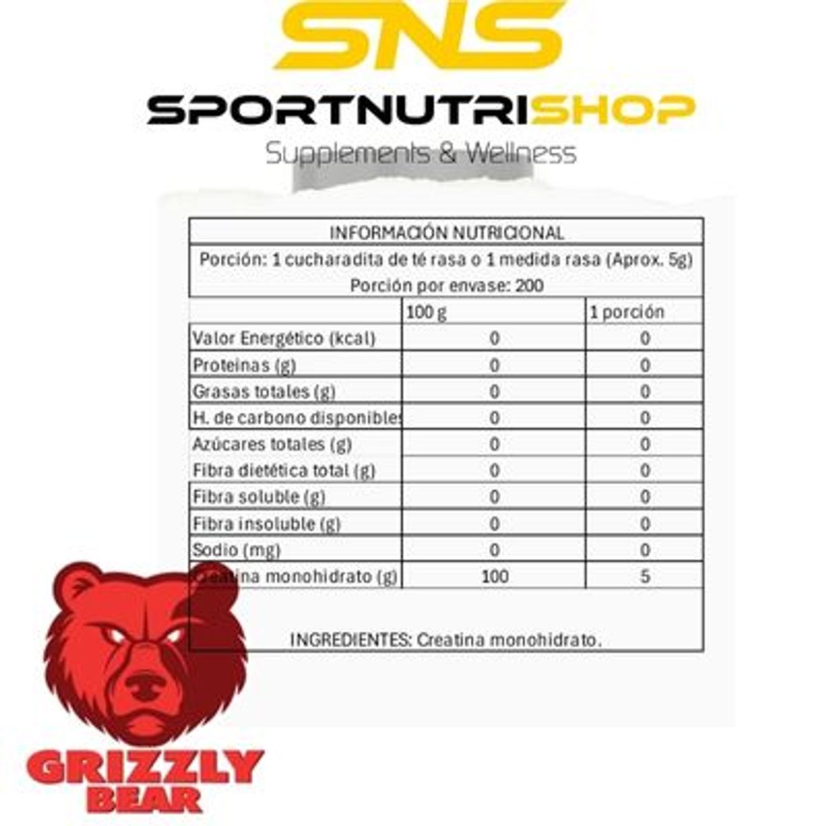 GRIZZLY - CREATINA MONOHIDRATADA 1 KILO - GRIZZLY BEAR