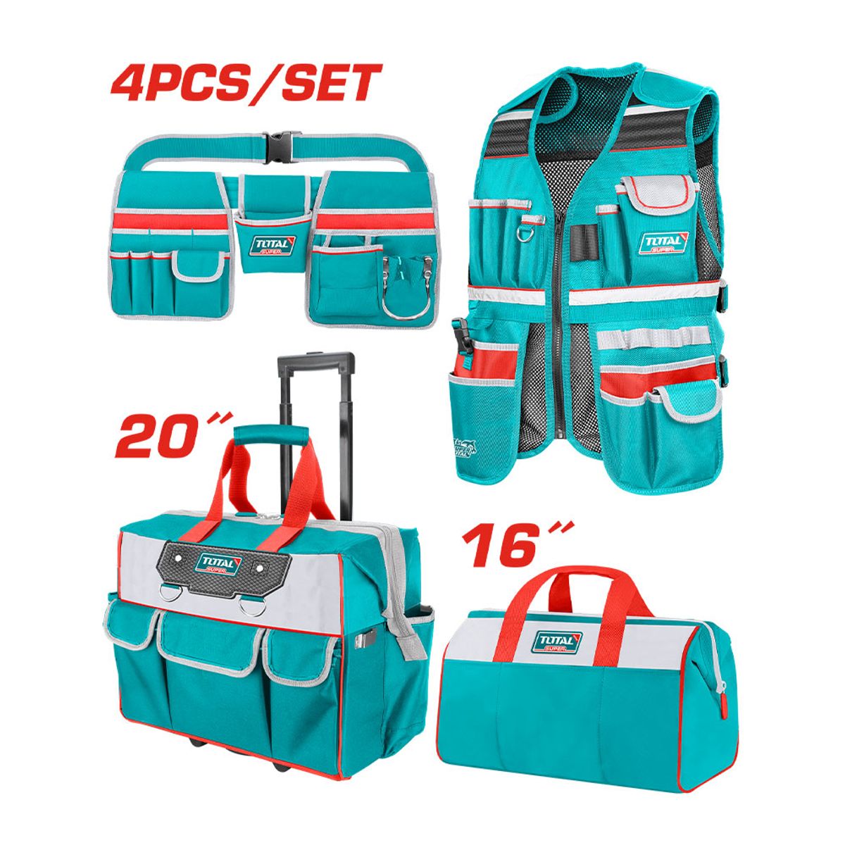 TOTAL TOOLS - Kit Bolsos + Chaleco y Coleto 4 piezas Total