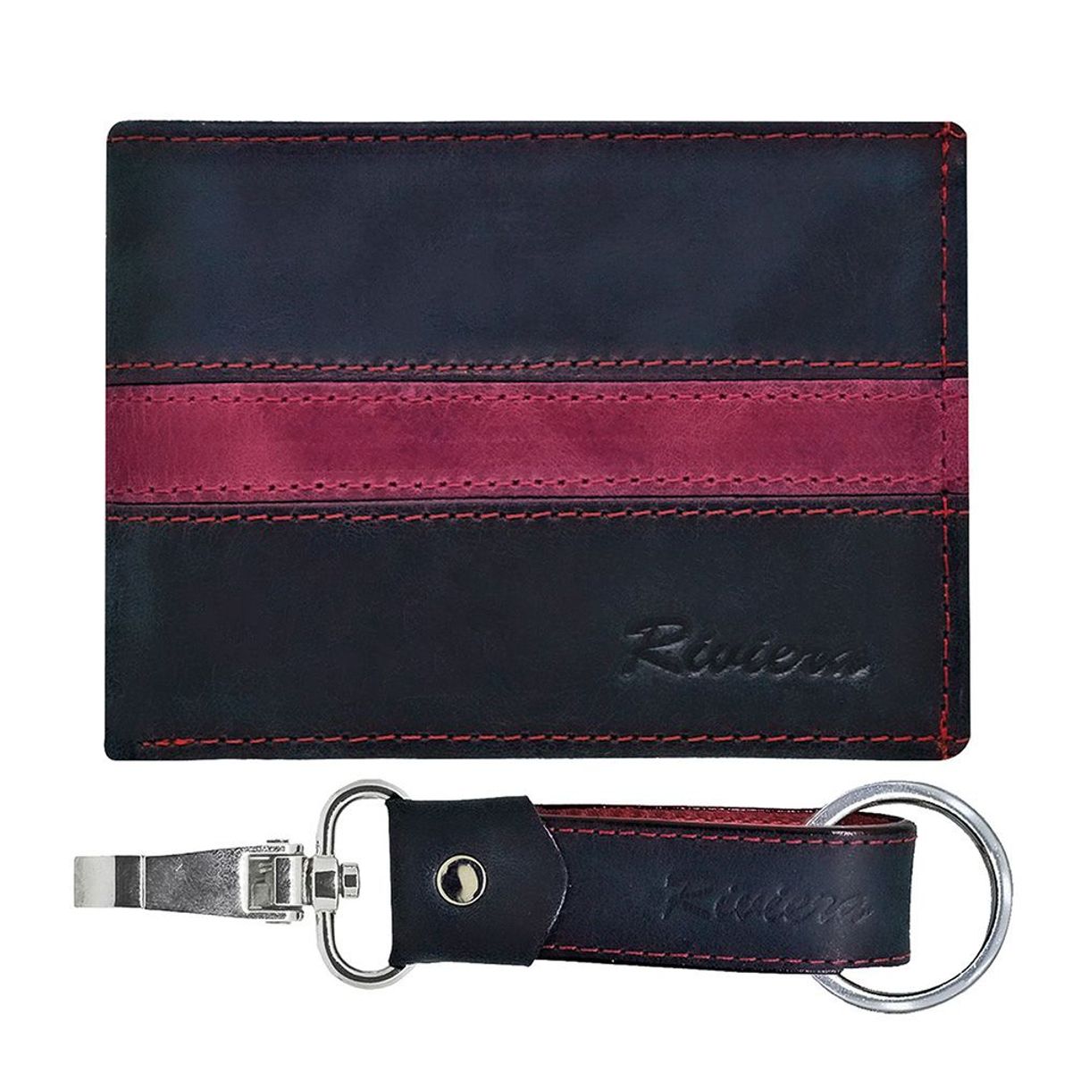 RIVIERA - Pack Billetera-Llavero de hombre Cuero natural negro rojo Riviera