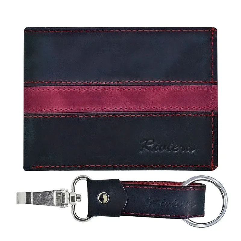 RIVIERA - Pack Billetera-Llavero de hombre Cuero natural negro rojo Riviera