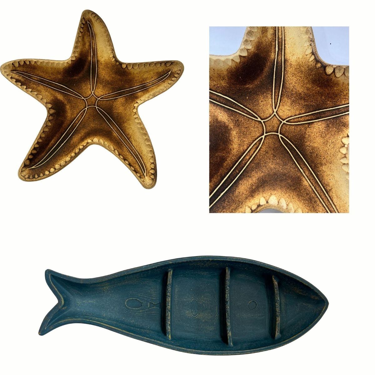 TERRA ESTILO - Set Adorno Marino Barco Azul y 2 Estrellas de Mar