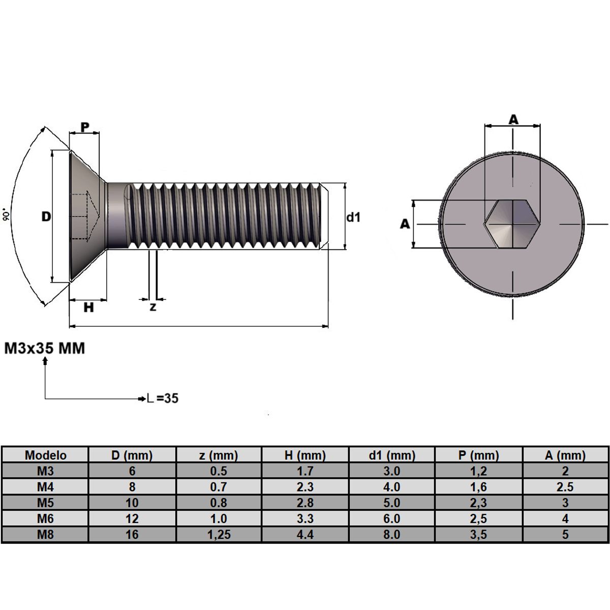 GENERICO - Perno Allen M8x40 mm Cabeza Avellanada pack 25 unds