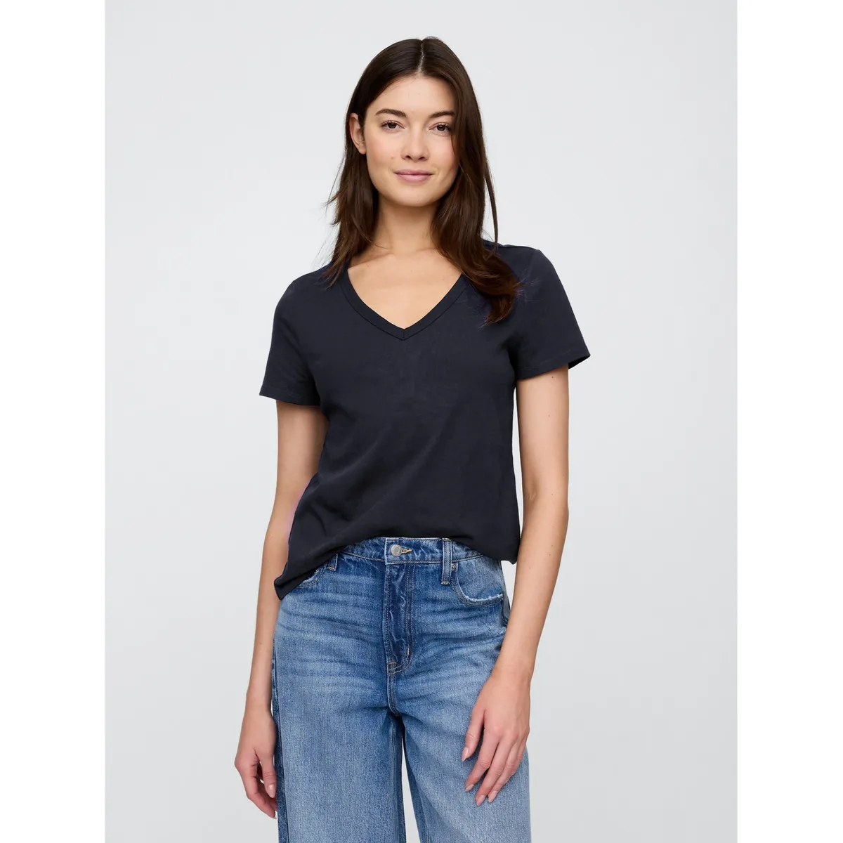 GAP - Polera Mujer Cuello V Manga Corta Azul Marino GAP