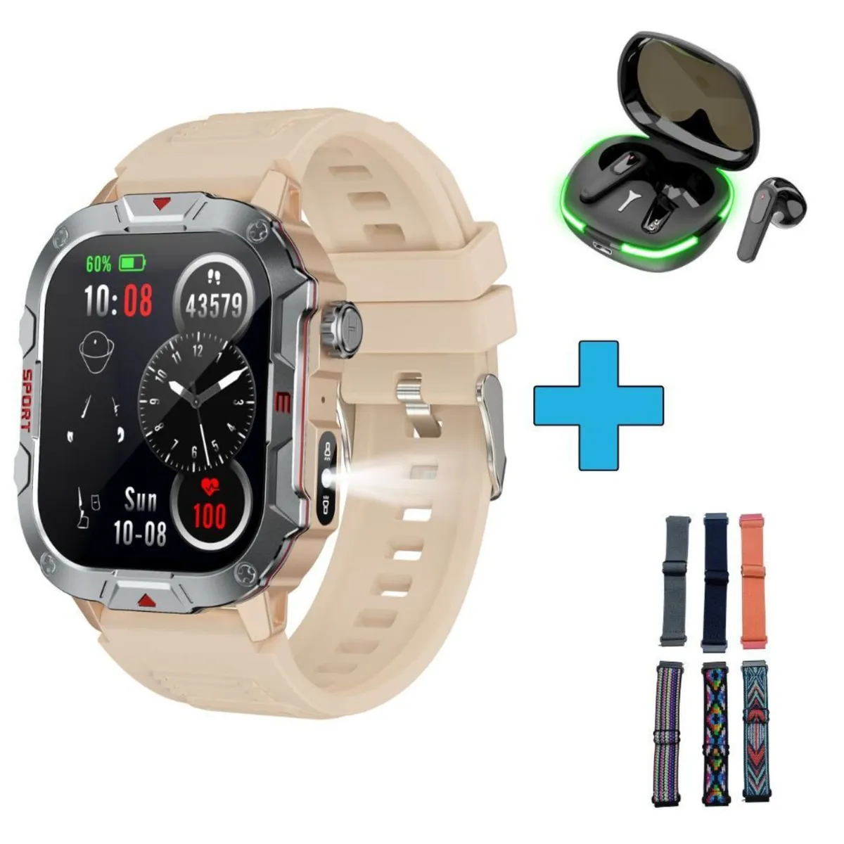 GENERICO - Reloj Smartwatch deportivo unisex + audífonos + correa extra linterna