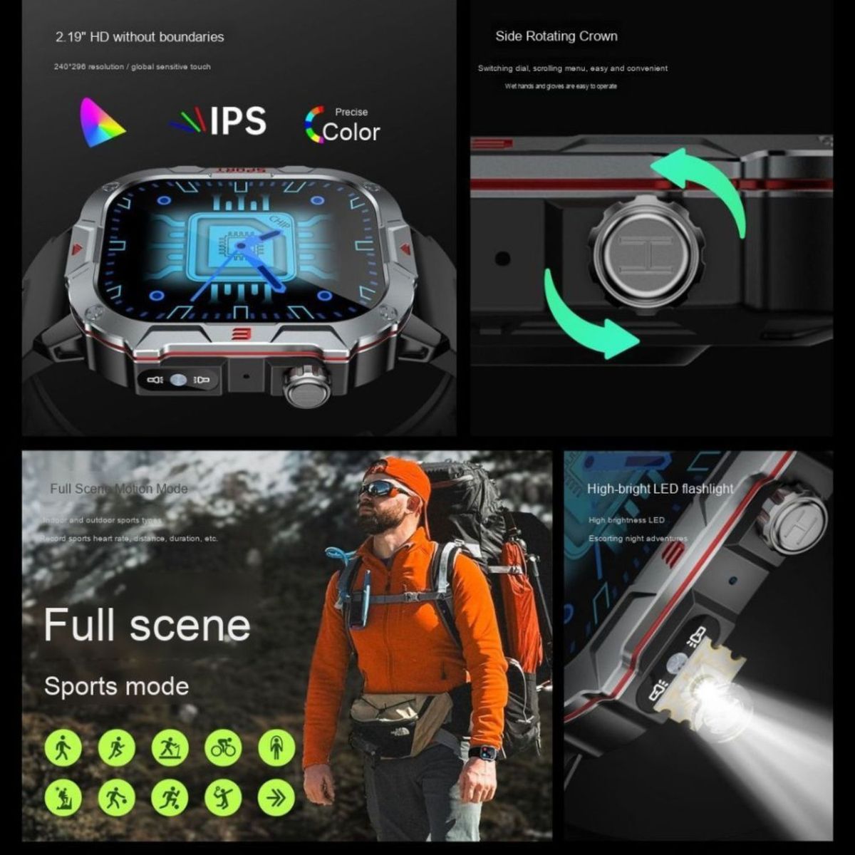 GENERICO - Reloj Smartwatch deportivo unisex + audífonos + correa extra linterna