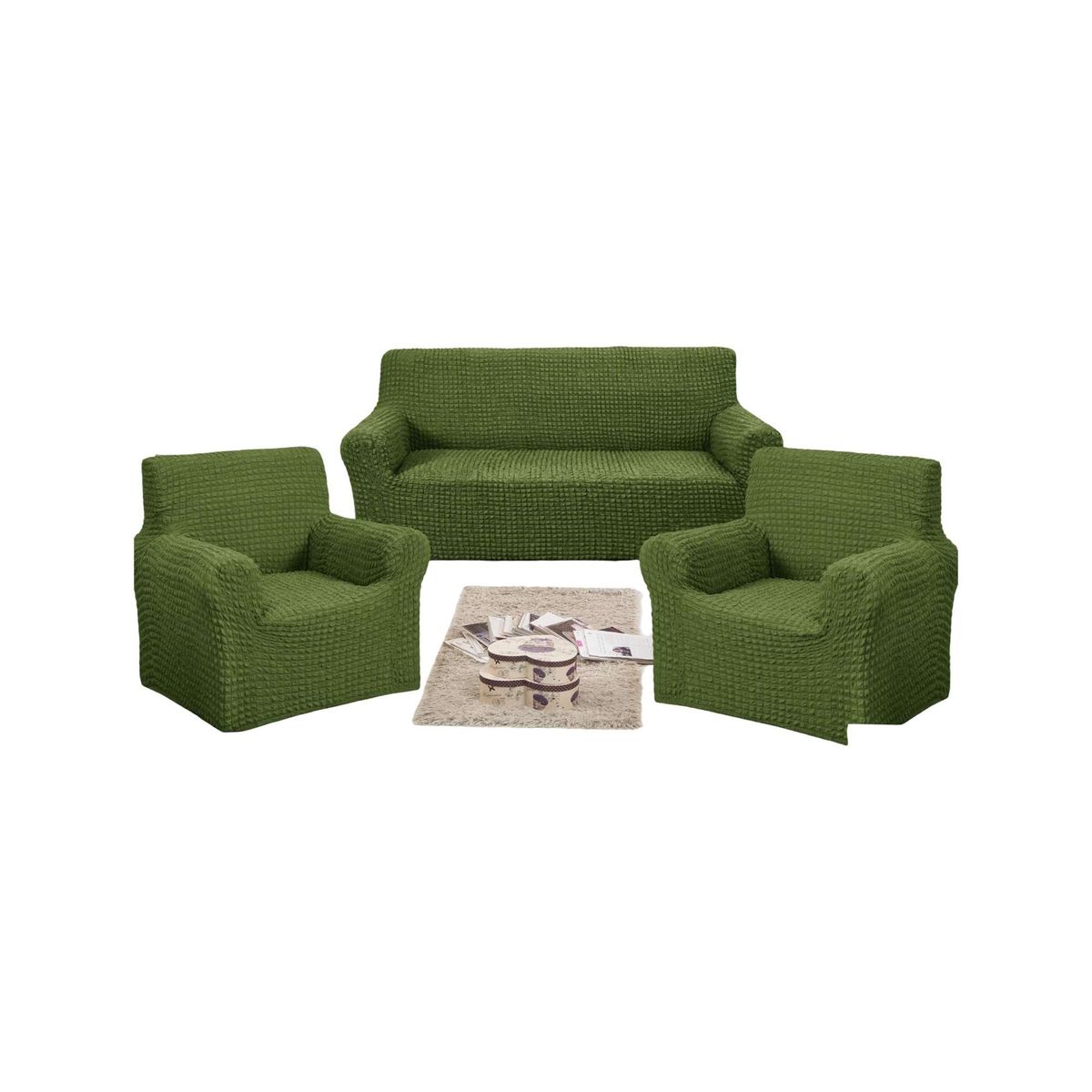 GENERICO - JUEGO DE FUNDAS DE SOFA 3+1+1 - DISEÑO CUADRILLE VERDE OLIVA