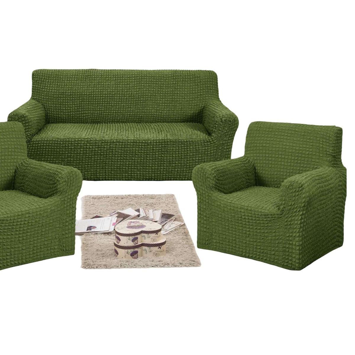 GENERICO - JUEGO DE FUNDAS DE SOFA 3+1+1 - DISEÑO CUADRILLE VERDE OLIVA