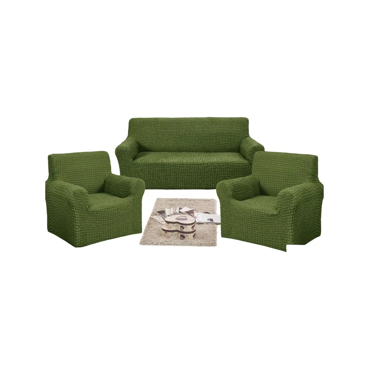 GENERICO - JUEGO DE FUNDAS DE SOFA 3+1+1 - DISEÑO CUADRILLE VERDE OLIVA