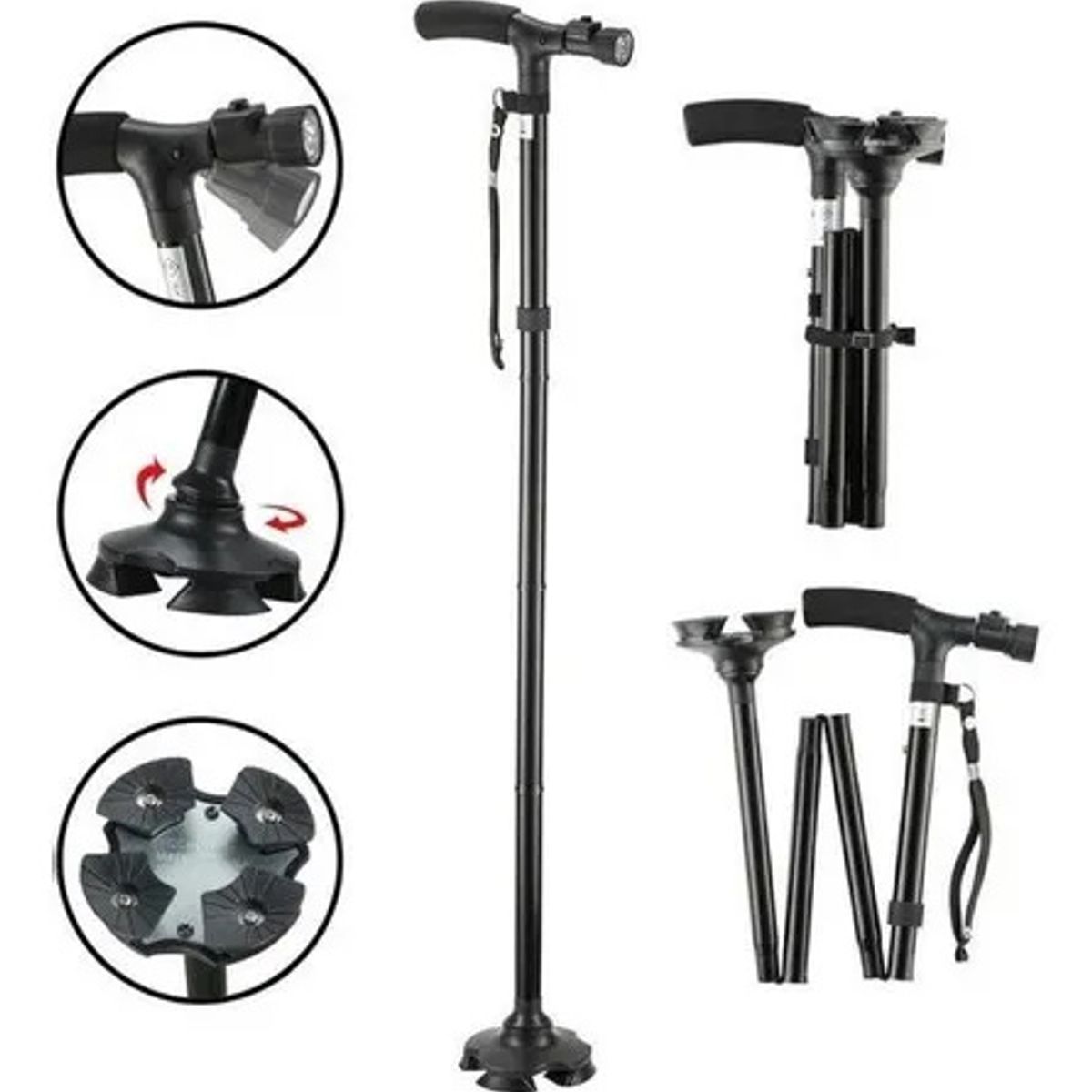 GENERICO - Baston Ortopedico Plegable Ajustable De Aluminio Con Lampara Led Negro
