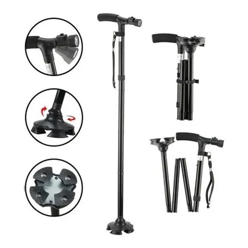 GENERICO - Baston Ortopedico Plegable Ajustable De Aluminio Con Lampara Led Negro