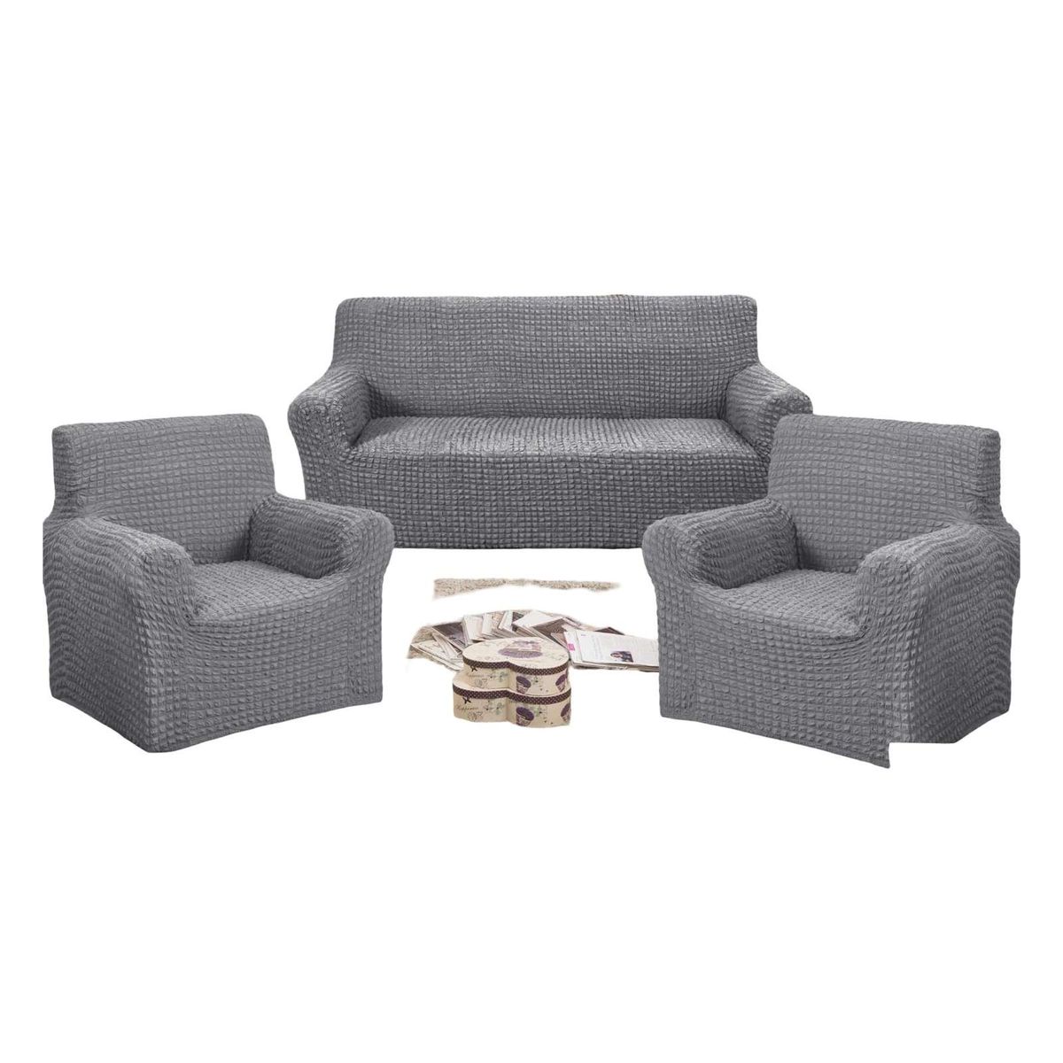 GENERICO - JUEGO DE FUNDAS DE SOFA 3+1+1 - DISEÑO CUADRILLE GRIS