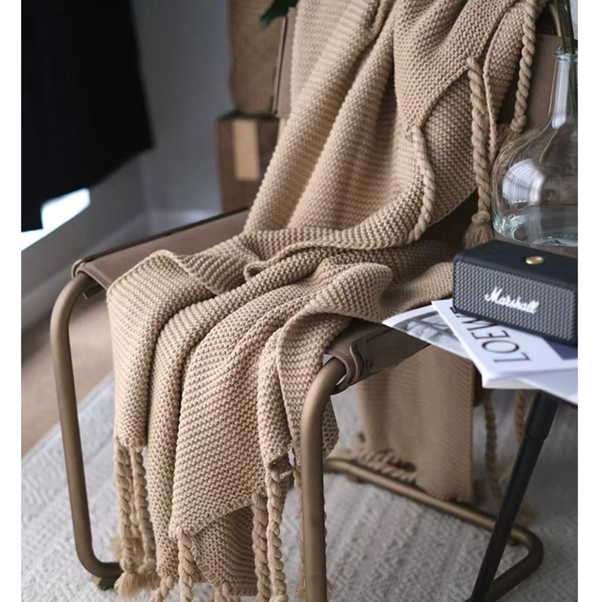 ALMA & DECO - Manta para Sofá o Piecera Modelo Tejido y Trenzas Arena