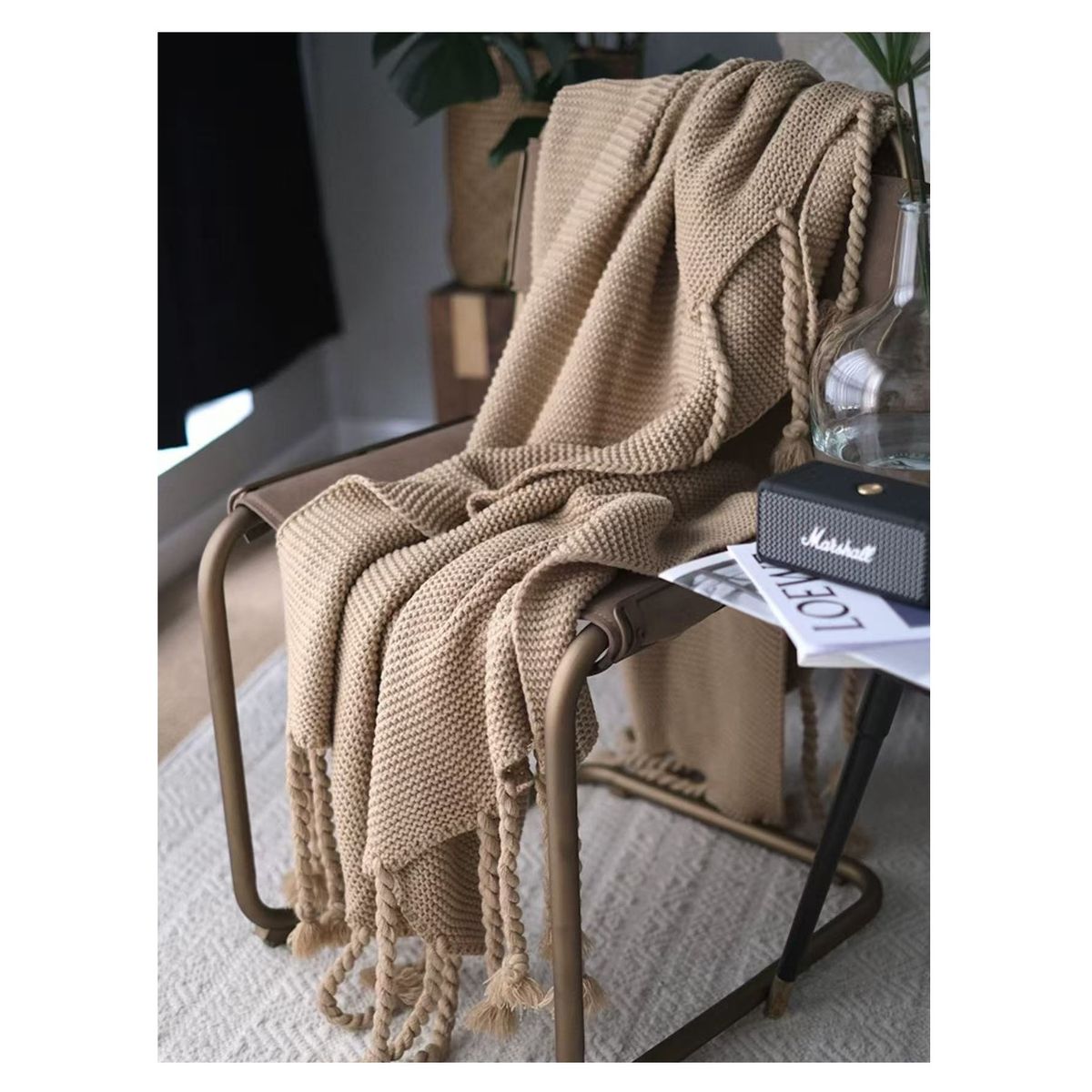 ALMA & DECO - Manta para Sofá o Piecera Modelo Tejido y Trenzas Arena