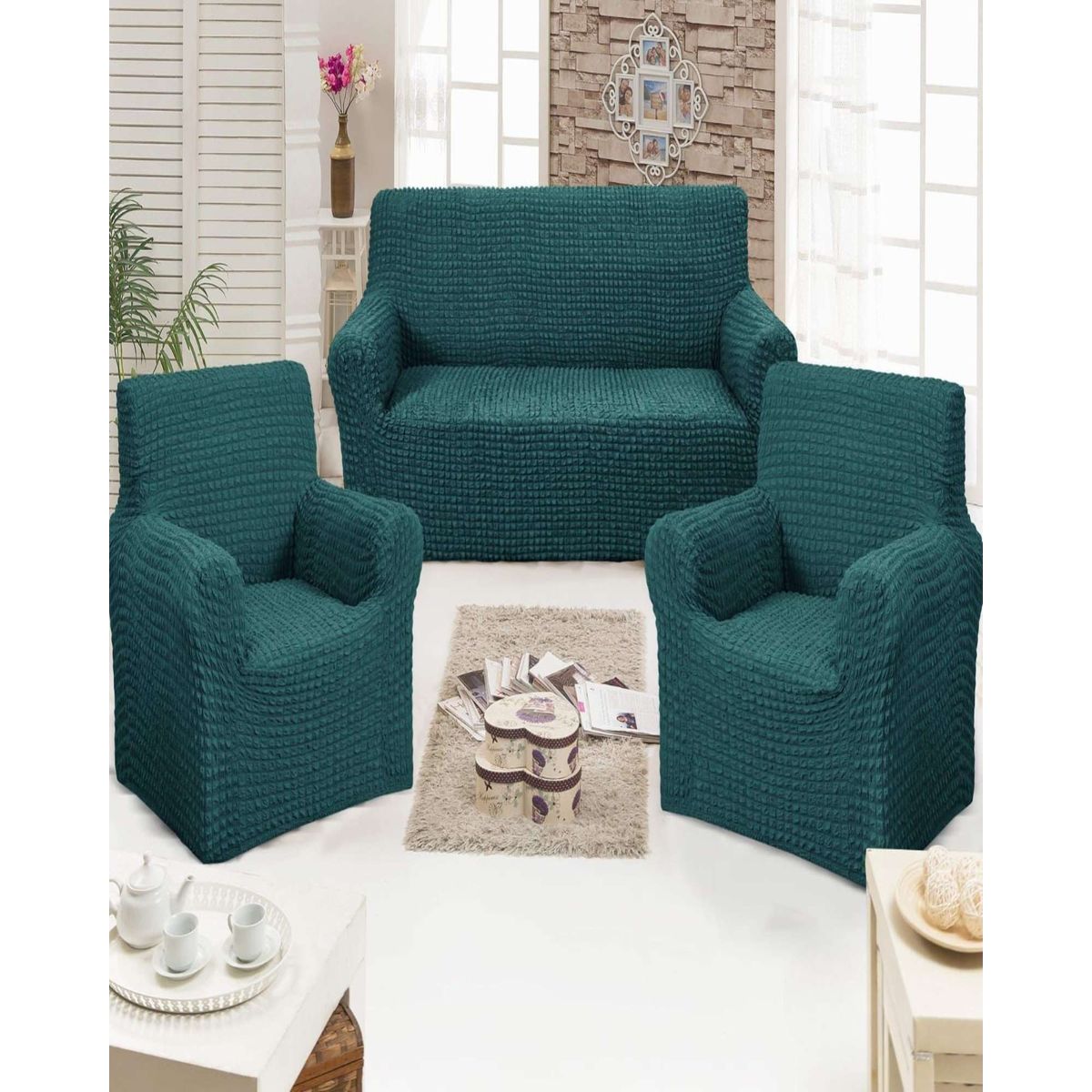 GENERICO - JUEGO DE FUNDAS DE SOFA 3+1+1 - DISEÑO CUADRILLE TURQUESA