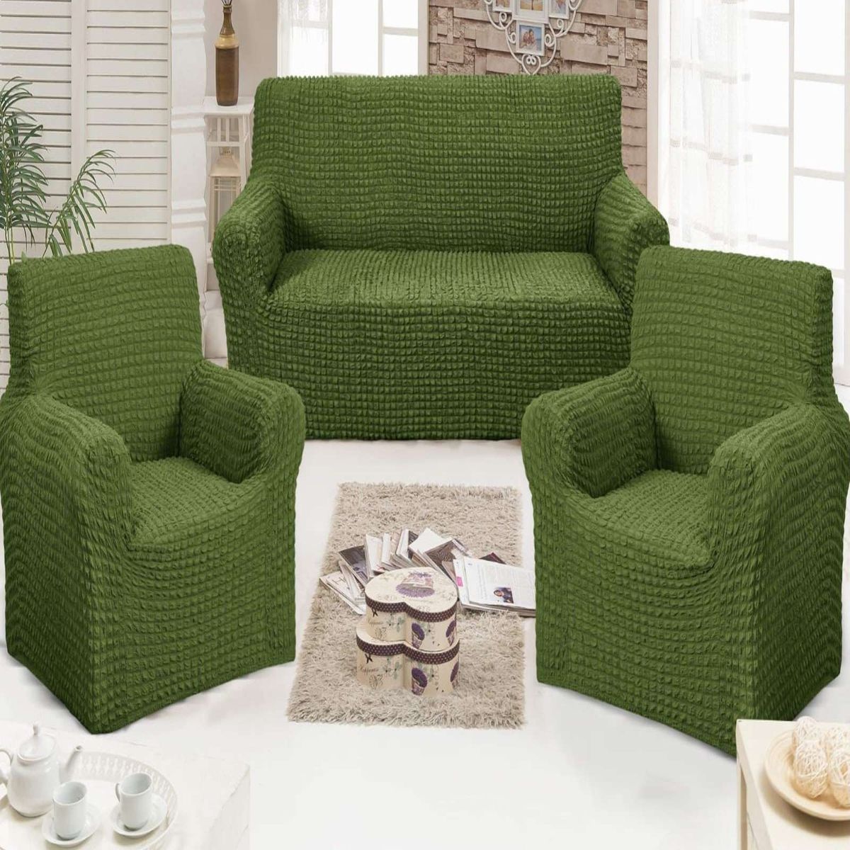 GENERICO - JUEGO DE FUNDAS DE SOFA 3+1+1 - DISEÑO CUADRILLE VERDE OLIVA