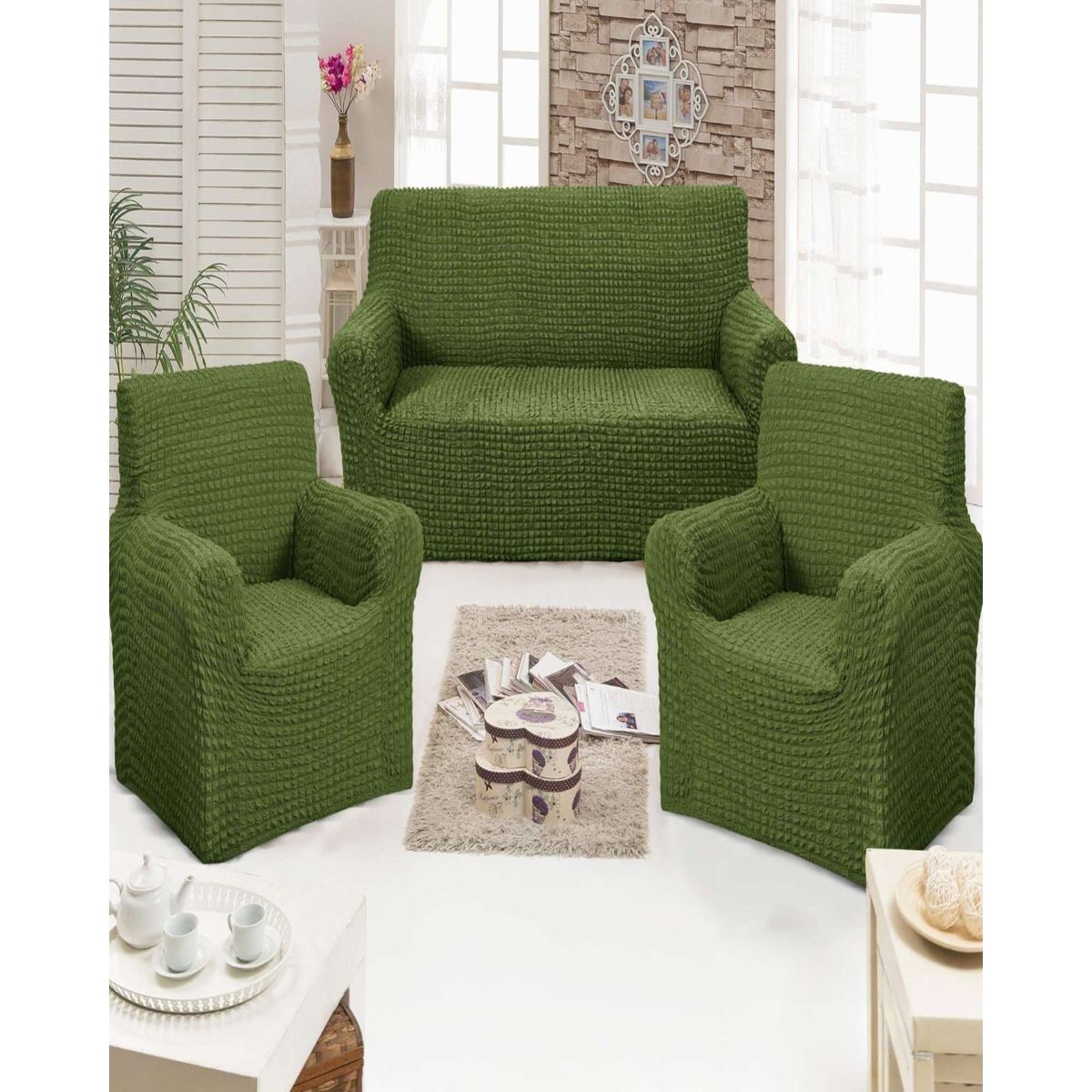 GENERICO - JUEGO DE FUNDAS DE SOFA 3+1+1 - DISEÑO CUADRILLE VERDE OLIVA