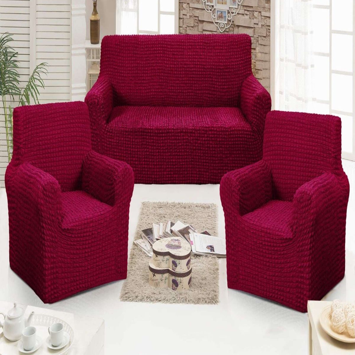 GENERICO - JUEGO DE FUNDAS DE SOFA 3+1+1 - DISEÑO CUADRILLE BURDEO