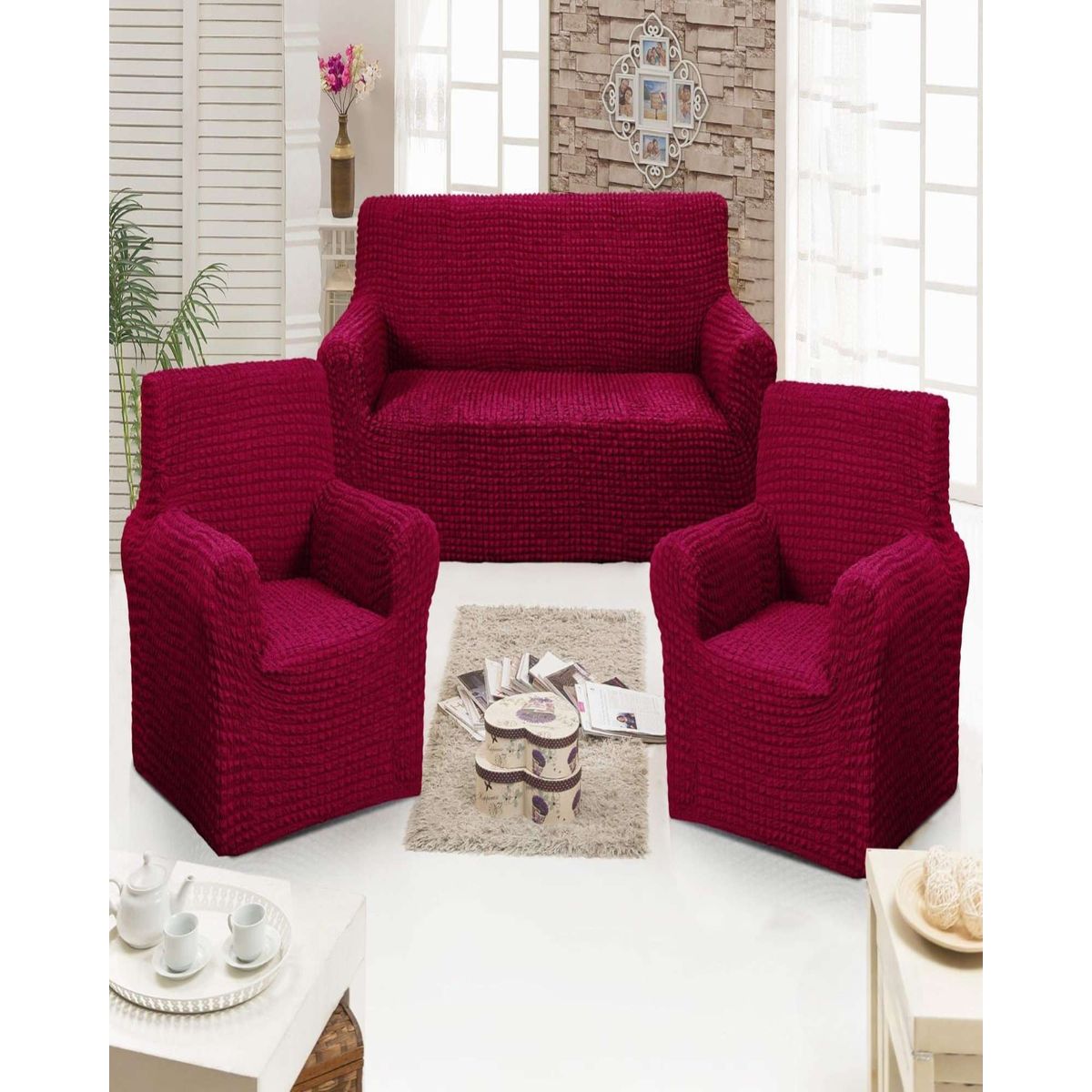 GENERICO - JUEGO DE FUNDAS DE SOFA 3+1+1 - DISEÑO CUADRILLE BURDEO