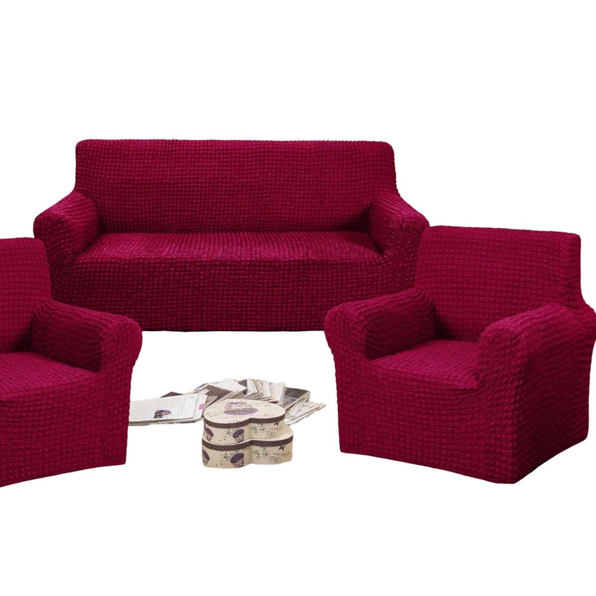 GENERICO - JUEGO DE FUNDAS DE SOFA 3+1+1 - DISEÑO CUADRILLE BURDEO