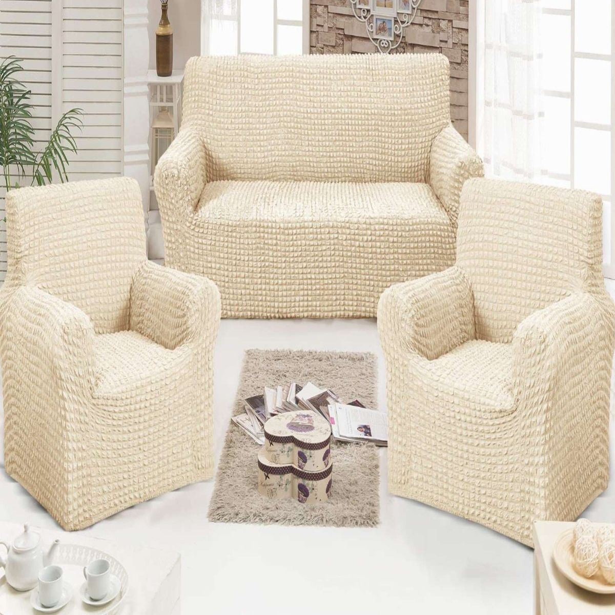 GENERICO - JUEGO DE FUNDAS DE SOFA 3+1+1 - DISEÑO CUADRILLE BLANCO