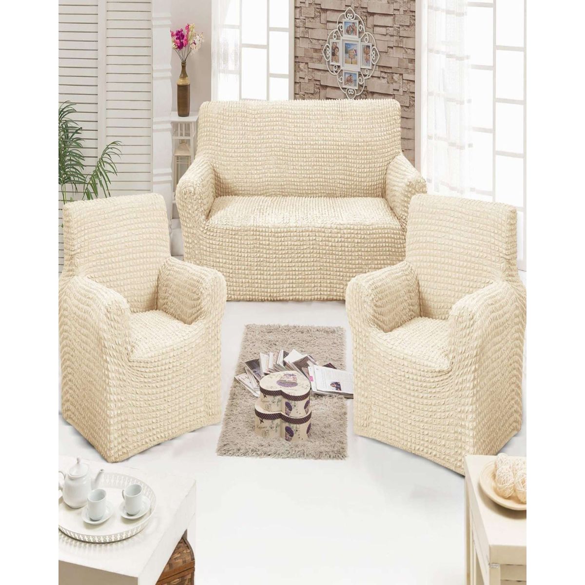 GENERICO - JUEGO DE FUNDAS DE SOFA 3+1+1 - DISEÑO CUADRILLE BLANCO