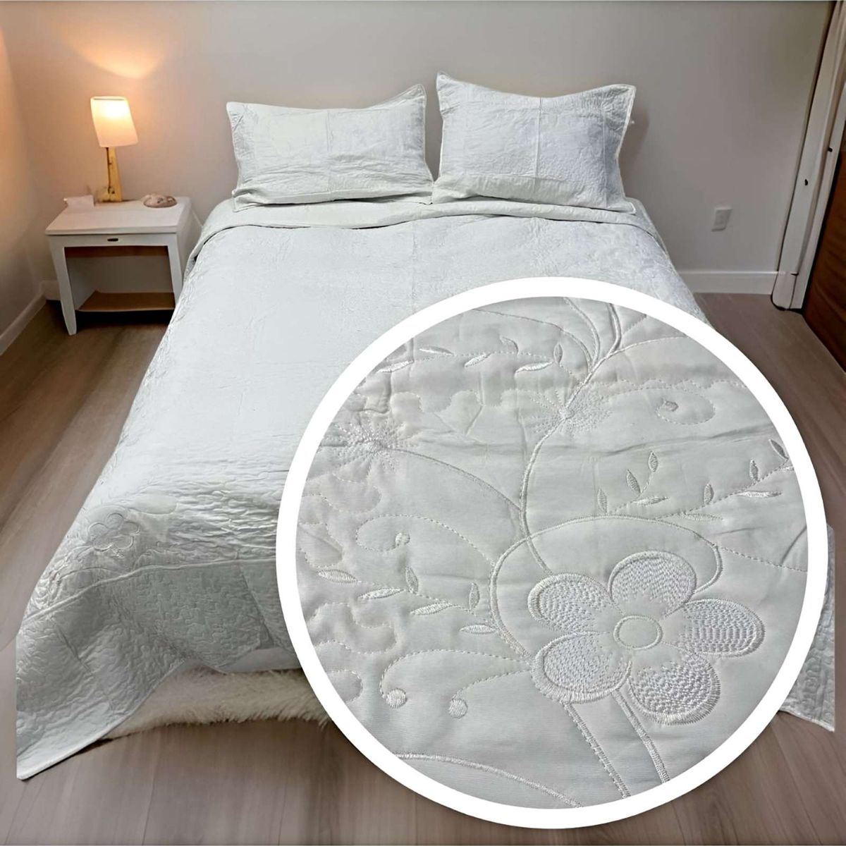 GENERICO - CUBRECAMA QUILT DE VERANO 2 PLAZAS BORDADO A3