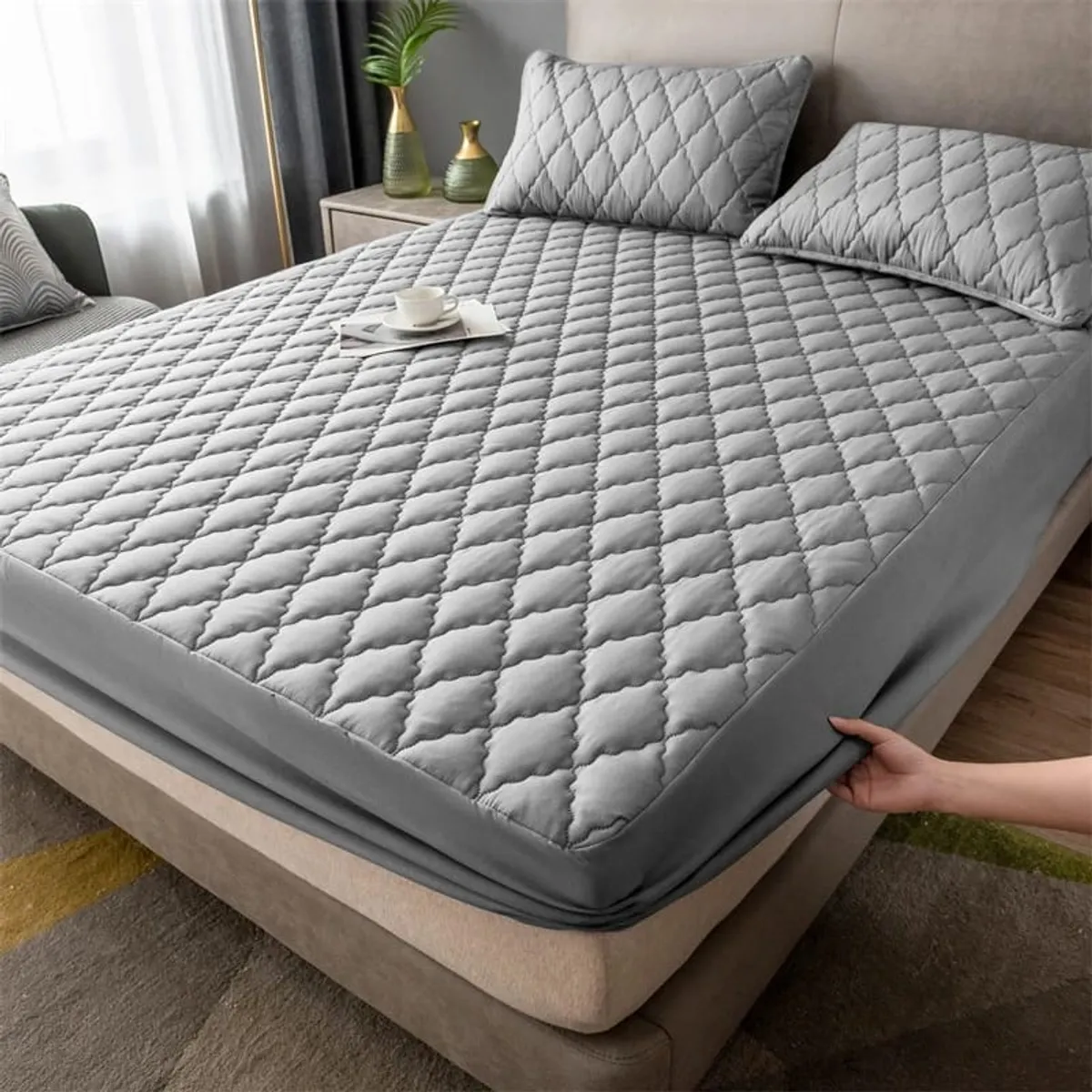 GENERICO - cubre colchón GRIS PLATA 2 plaza protector impermeable 2 funda de almohada