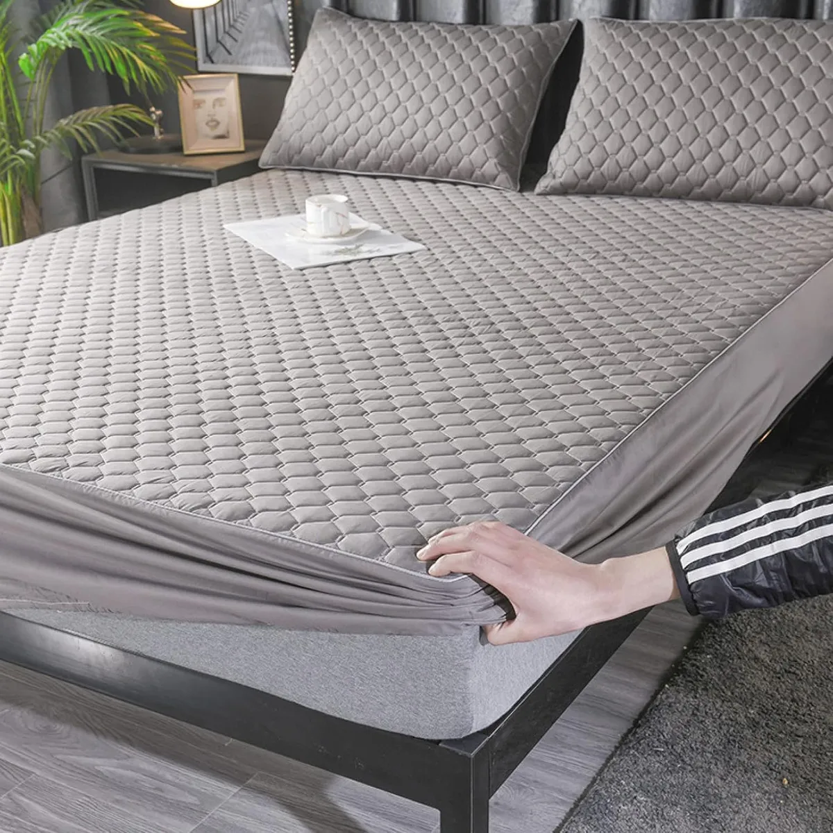 GENERICO - cubre colchón GRIS PLATA 2 plaza protector impermeable 2 funda de almohada