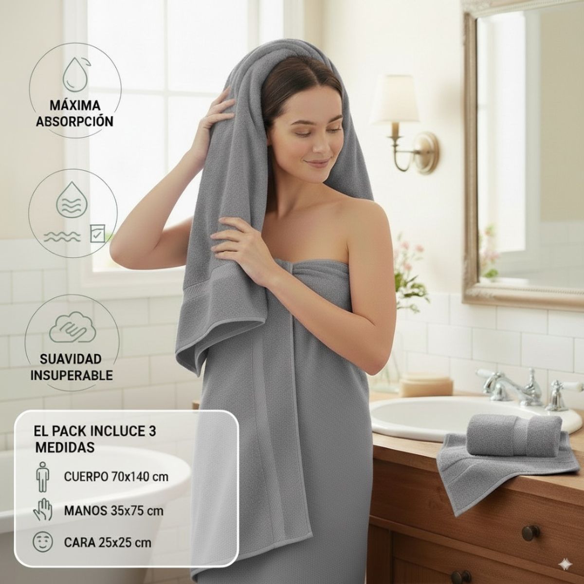 Juego de Toallas para Cuerpo Manos Y Cara de Algodon Gruesas Gris Oscuro, marca GENERICO - Foto 2