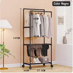 OASIS - PERCHERO O ORGANIZADOR NEGRO CON RUEDA DOBLE BARRA DE 147 CM CON ZAPATERA