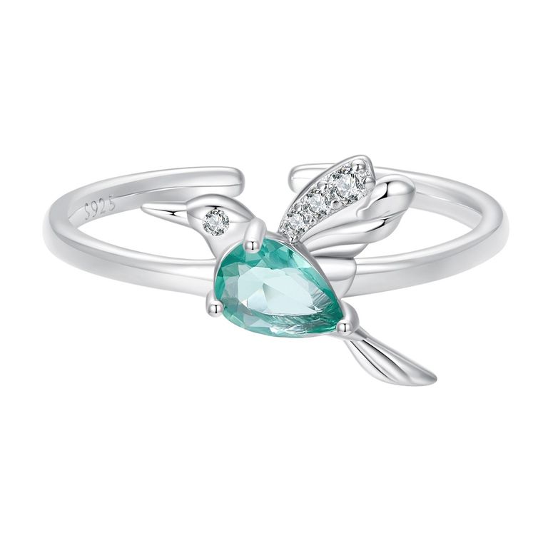 Anillo Plata 925 Colibri Picaflor Ave Cristal Verde Verde TALLA UNICA